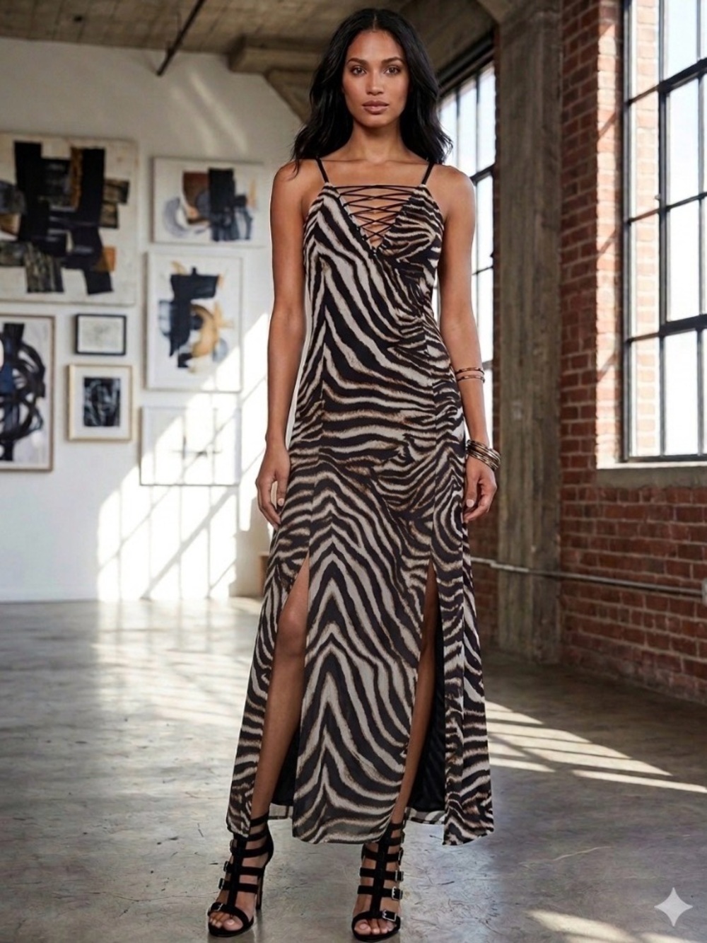 Venus Y2K Mobwife Zebra Print Lace-Up 2 High Slit Party Retro Maxi Club Dress L